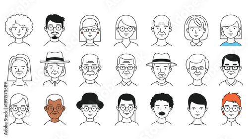 Collection of diverse human faces including different ages genders and styles in simple line art illustrations.