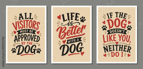 Set of Dog Themed Typography Poster, Cute Dog Lover Quote Design, Retro Vintage Pet Wall Art