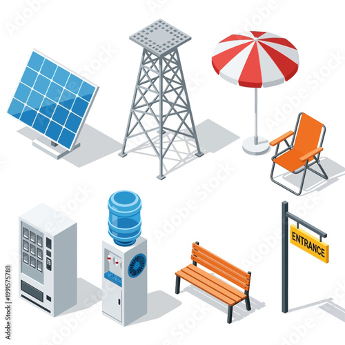 The illustration depicts various outdoor objects including a solar panel, cell tower, beach umbrella, lawn chair, vending machine, water cooler, bench, and sign on a sunny day.