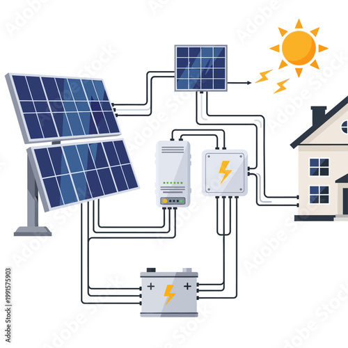 A solar panel system generates electricity for a house with battery storage and inverter