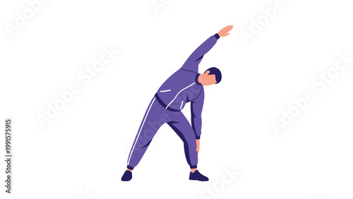 Person wearing a vibrant purple tracksuit performs side stretching exercises to improve flexibility and warm up for a physical workout.