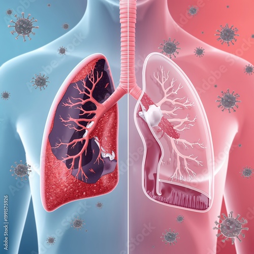 Detailed Human Lung Anatomy 3D Render Showing Infected And Healthy Lung Comparison With Virus Particles Floating On Teal Blue Background
