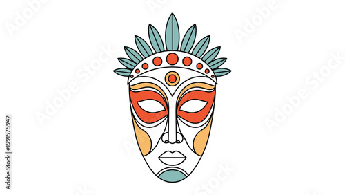 Intricately designed tribal mask features colorful feathers and geometric patterns in shades of teal, orange, and yellow on a white field.