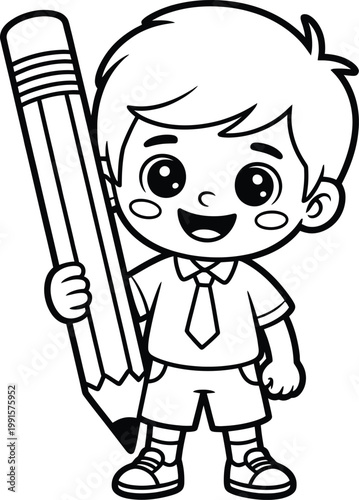 Cartoon schoolboy holding a giant pencil, black and white line