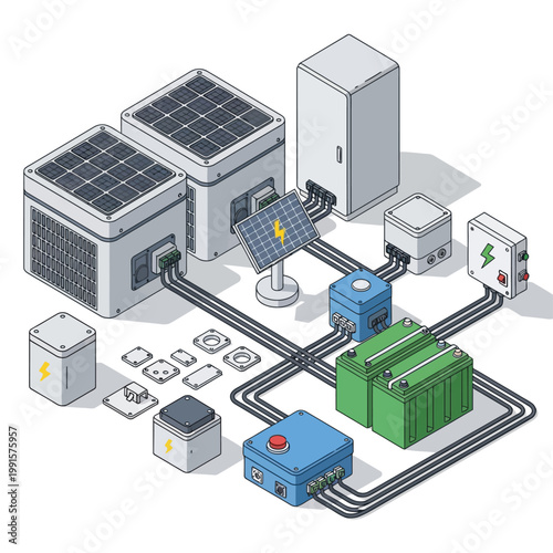 Solar panels generate electricity for a sustainable energy system with battery storage and various components