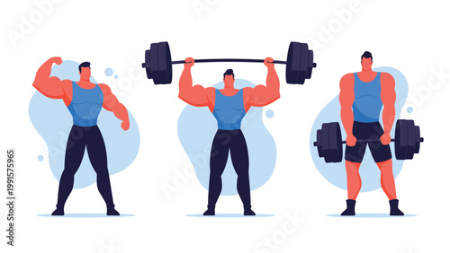 Set of three highly muscular bodybuilders in blue tank tops demonstrating their strength by posing and lifting heavy barbells with ease.