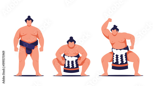 Illustrations of three sumo wrestlers in traditional mawashi loincloths performing various ritual stances and powerful athletic poses.