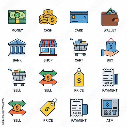 Financial Icons Representing Money Transactions and Commerce.