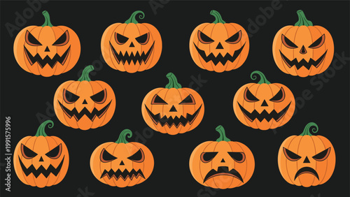 Group of eleven carved halloween pumpkins with various spooky and funny facial expressions arranged against a dark black background.