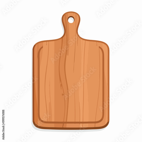 An illustration of a wooden cutting board with a handle on a white background