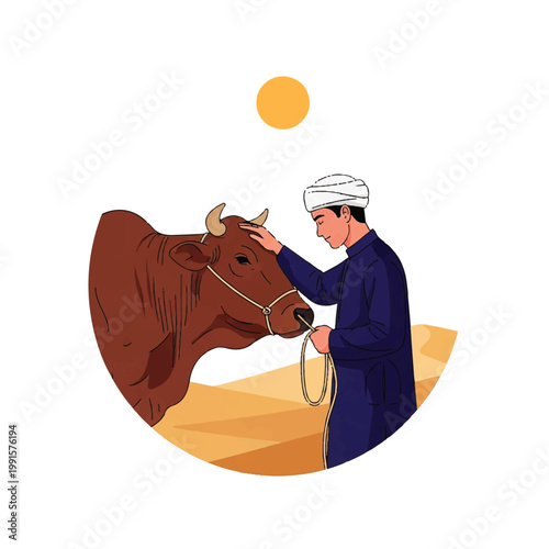Vector flat design illustration of a man in traditional clothing gently touching a cow under a bright sun