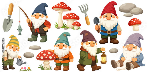 Foto Garden Gnome Characters Set Fantasy Dwarf Figures Outdoor Decoration Cute Bearde
