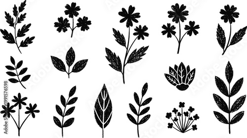 Textured Charcoal Botanical Silhouette Set with Sketchy Wildflower Outlines, Hand-Drawn Leaf Sprays, and Rustic Floral Sprigs for Organic Branding