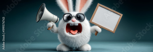 An Easter Bunny with Sunglasses Holding a Blank Sign and Megaphone on a Pastel Blue Background with Copy Space. Perfect for Festive Promotions, Banners, and Seasonal Marketing Designs. Generative Ai.