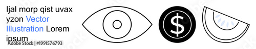 Finance, vision, monitoring, business, advertising, creativity. Abstract eye, dollar symbol and semi-circle graphics. Vision and finance for branding and analysis