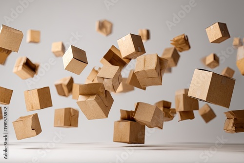 A dynamic arrangement of cardboard boxes appears to be suspended in mid-air against a soft, neutral background, creating a sense of movement and abstract composition.