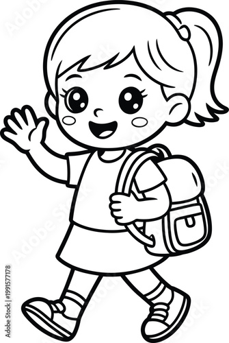 Coloring page of a happy schoolgirl waving with a backpack
