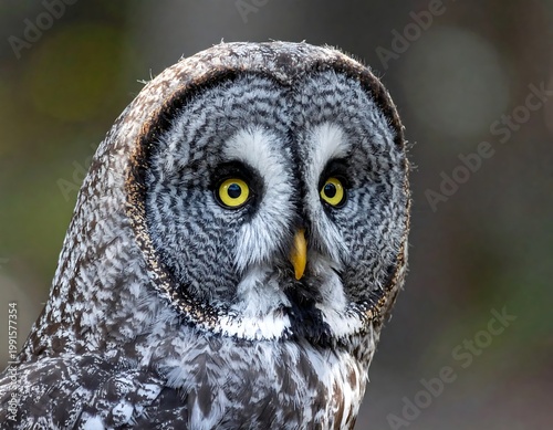 Great Grey Owl Detailed Portrait Macro Photography Intense Yellow Eyes And Patterned Plumage Looking Forward In Natural Woodland Forest Environment