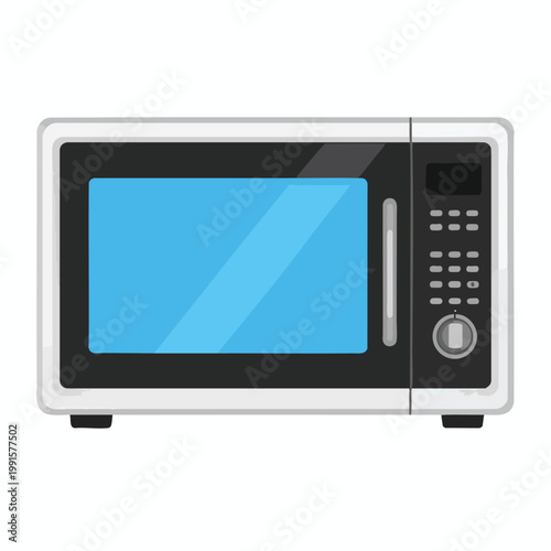 A sleek microwave oven with a blue window and control panel on a white background