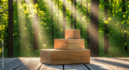 Modern Wooden Bench in Forest Setting - Minimalist Outdoor Furniture illustration