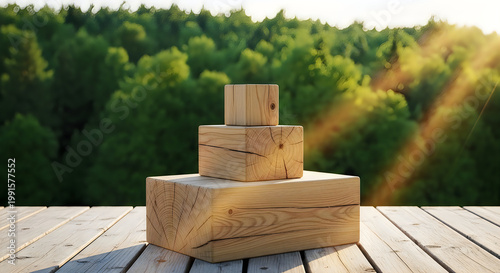 Stacked Rustic Wooden Blocks on Deck with Forest View illustration