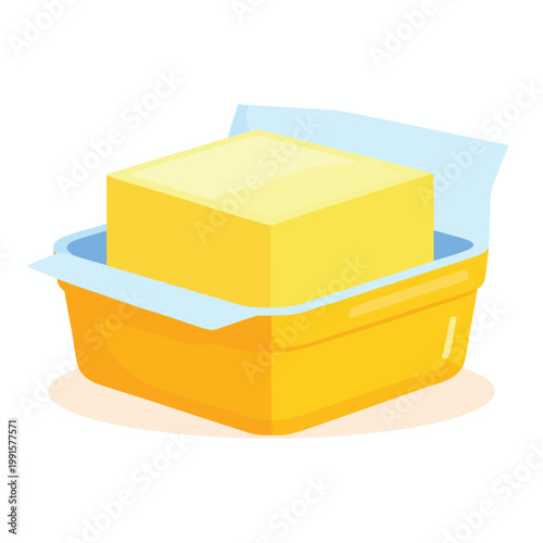An illustration of a butter block on a blue tray inside an orange container