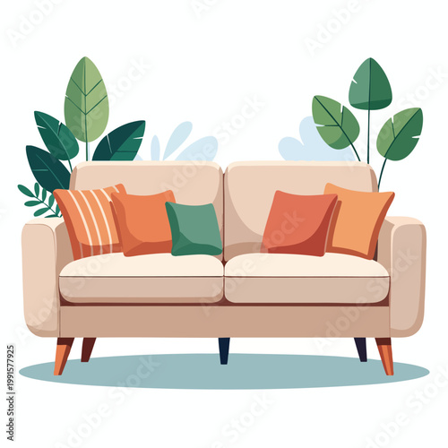 A cozy living room scene with a beige couch and colorful pillows in a modern home interior setting