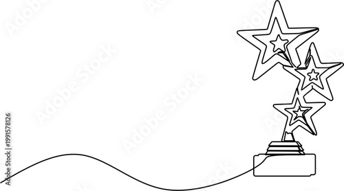 Continuous one line drawing of three stars trophy award achievement for top rank and success concept vector illustration