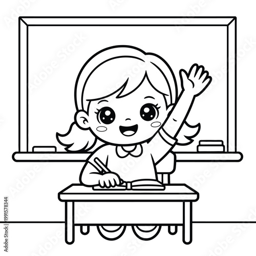 Coloring page of a schoolgirl raising her hand at a desk