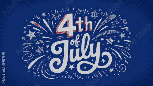A vibrant 4th of July design featuring patriotic stars and fireworks on a deep blue background