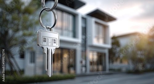 A gleaming silver key hangs from a keyring, softly blurred against the backdrop of a modern, luxurious house, symbolizing homeownership and new beginnings.