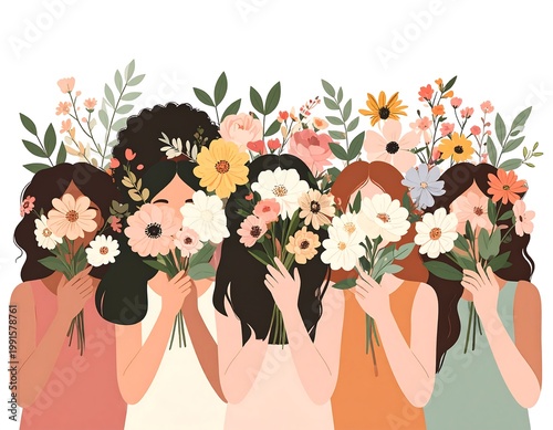 Diverse Women Holding Colorful Flower Bouquets Covering Their Faces Flat Style Digital Illustration With Floral Patterns On White Background