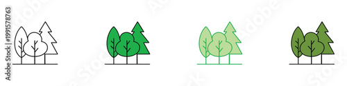Forest and trees icon set. Nature and environment symbols. Vector illustrations of various green trees for park, garden, ecology, and reforestation concept.