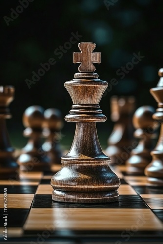 Elegant monochromatic chessboard with intricately carved wooden king chessman for strategic games