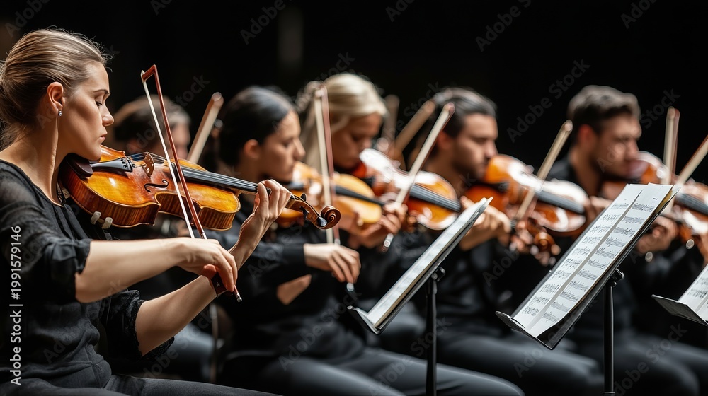 Fototapeta premium Dedicated Musicians of a Symphony Orchestra Engaged in Rehearsal Creating Beautiful Classical Art