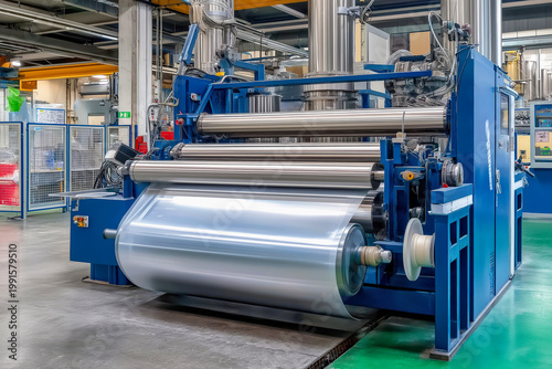 Plastic industry. Industrial plastic film extrusion machine features large rolls of clear film being processed in modern manufacturing facility, advanced machinery and clean, organized workspace