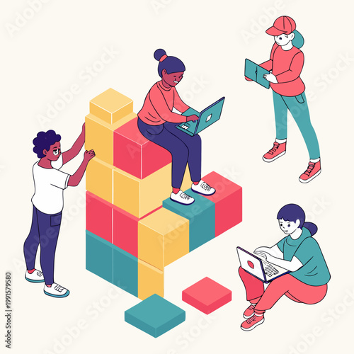 People working on technology project using blocks.