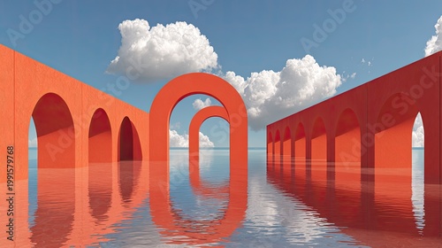 Surreal Orange Arches Reflecting in Calm Water Under Blue Sky.