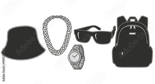Accessories collection bucket hat chain sunglasses watch and backpack