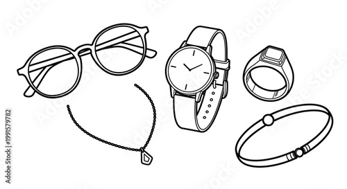Accessories collection watch glasses ring necklace and bracelet illustration