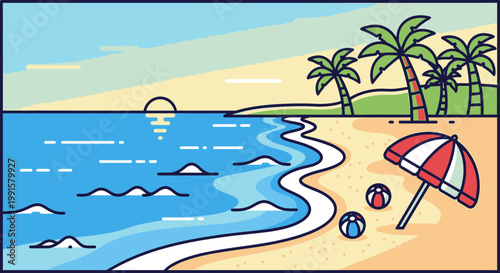 Beach scene with ocean waves palm trees parasol and beach balls illustration