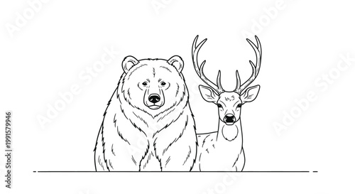 Bear and deer illustration in black and white against a white background
