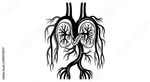 Black and white illustration of the human respiratory system anatomy