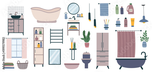 Bathroom interior objects set6. Bathroom interior cliparts isolated on white background. Vector elements in flat style.