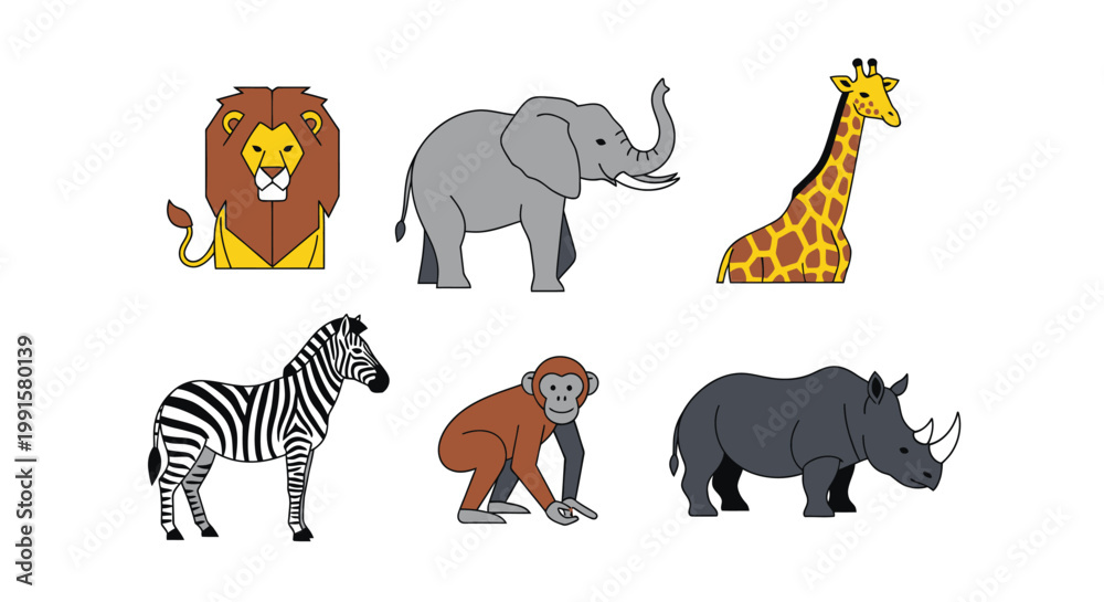 Fototapeta premium Cartoon animals set lion elephant giraffe zebra monkey and rhino