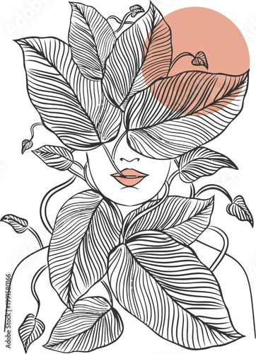 A beautiful woman with leaves covering her face