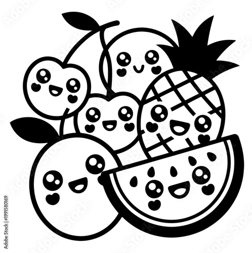 Сute kawai cocktail doodle  t with hand drawn garnish, classic drinks and vintage bar glass icons. Whimsical vector illustration for kitchen decor, party menu or creative wall art.
