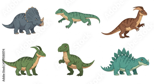 Collection of six different cartoon dinosaurs isolated on white background.