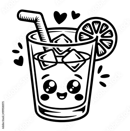 Сute kawai cocktail doodle  t with hand drawn garnish, classic drinks and vintage bar glass icons. Whimsical vector illustration for kitchen decor, party menu or creative wall art.
