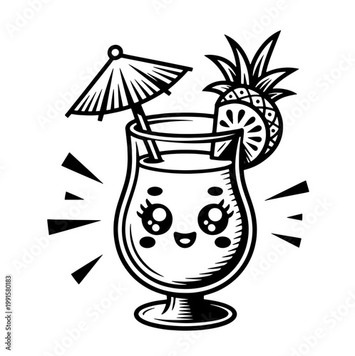 Сute kawai cocktail doodle  t with hand drawn garnish, classic drinks and vintage bar glass icons. Whimsical vector illustration for kitchen decor, party menu or creative wall art.
